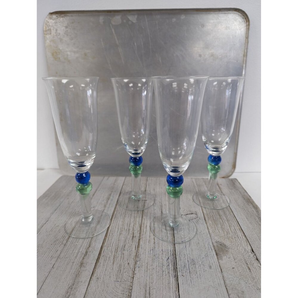 French Style Set of 4 Wine Drinking Glasses 8 5/8" Tall Clear Blue Green Stem